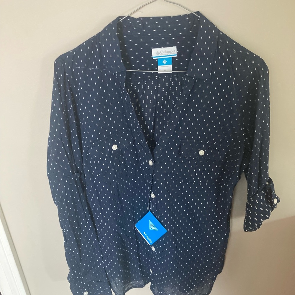 Columbia Navy Shirt with White Dot Print